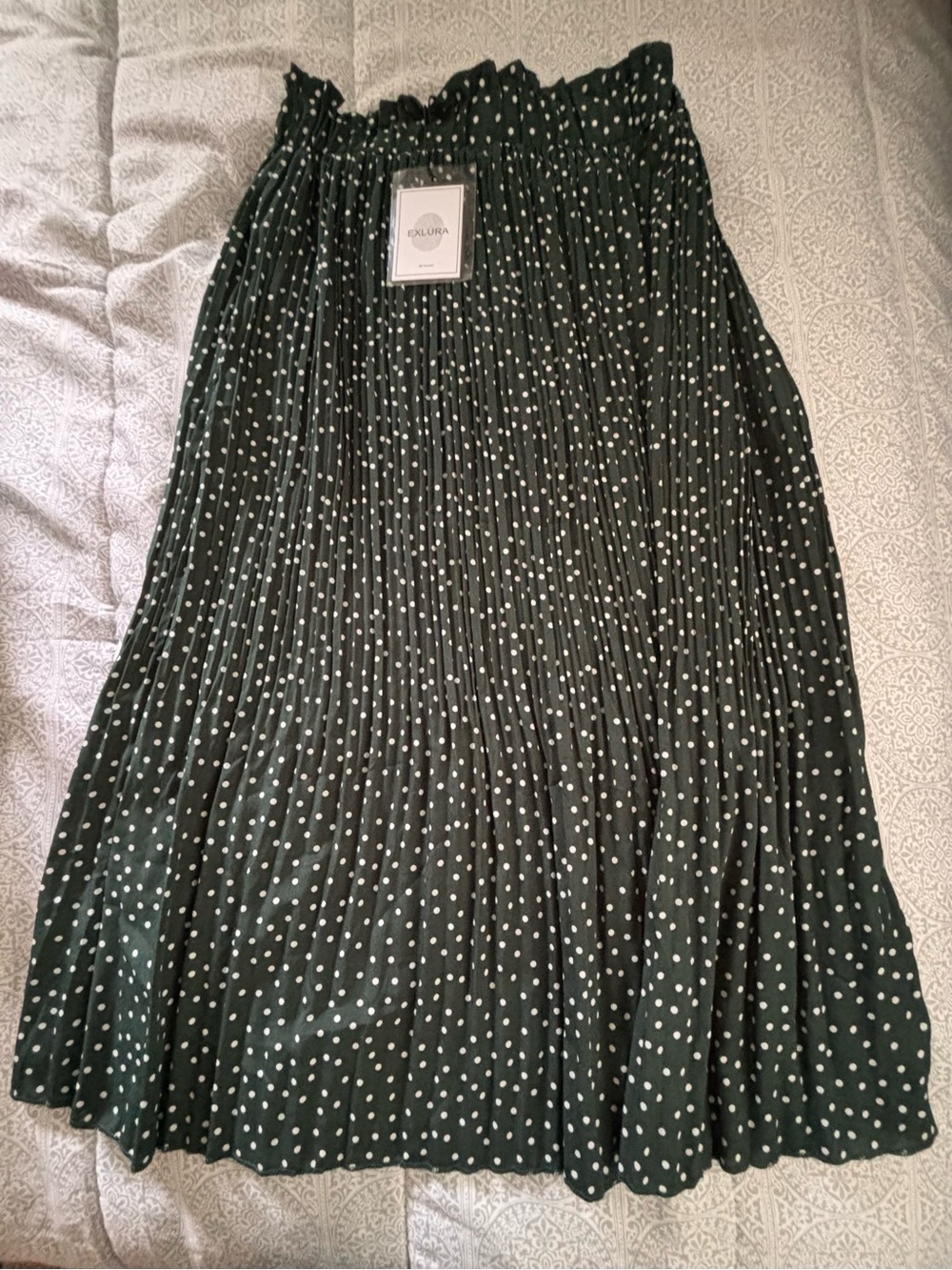 Exlura Dark Green Polka Dot Pleated Midi Skirt - elastic waist - size large